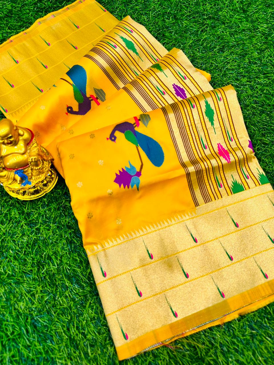 Splendorous Dark Yellow Paithani Silk Saree With Imbrication Blouse Piece