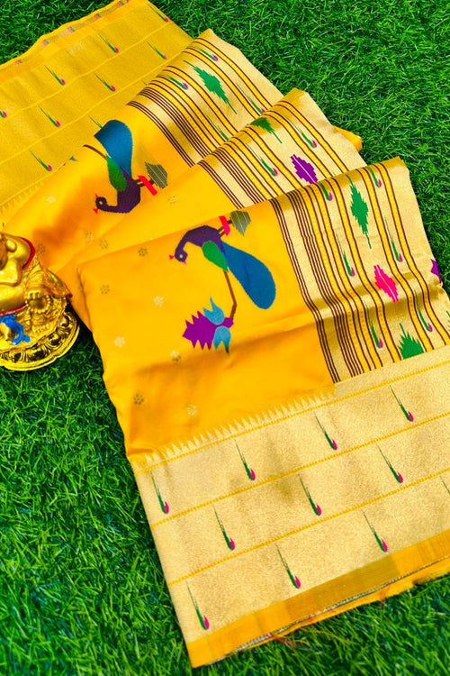 Load image into Gallery viewer, Splendorous Dark Yellow Paithani Silk Saree With Imbrication Blouse Piece
