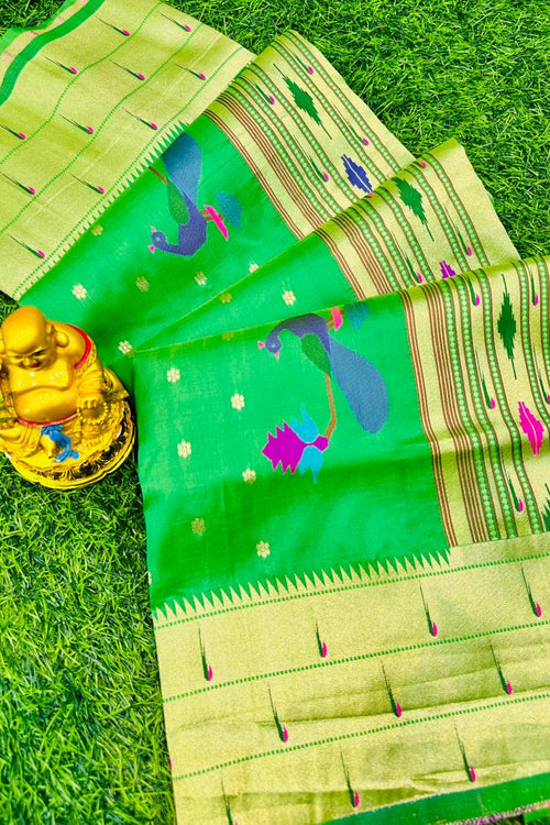 Load image into Gallery viewer, Artistic Green Paithani Silk Saree With Demure Blouse Piece
