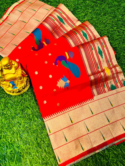 Delectable Red Paithani Silk Saree With Brood Blouse Piece