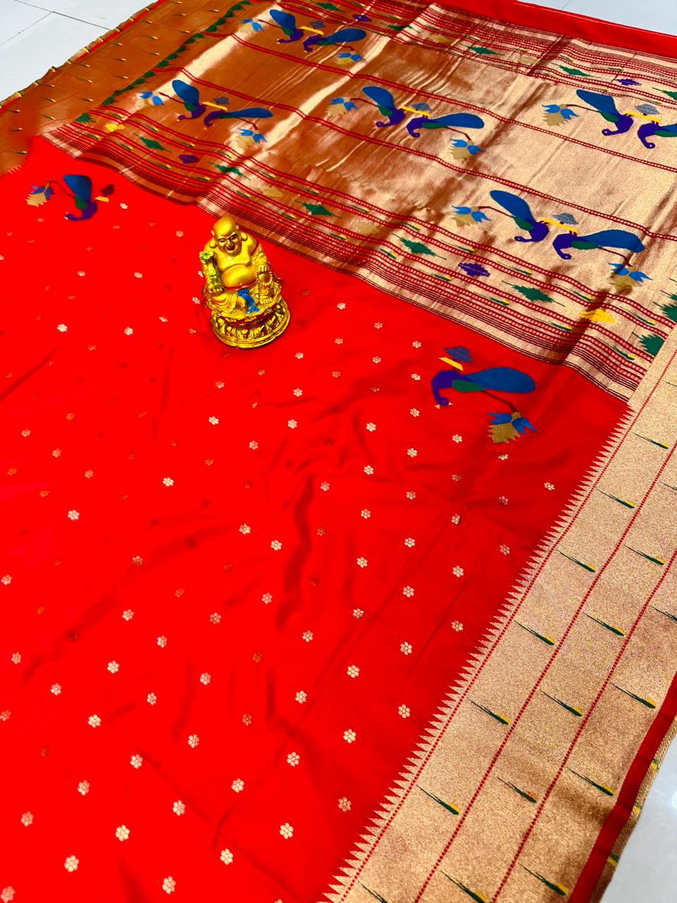 Delectable Red Paithani Silk Saree With Brood Blouse Piece