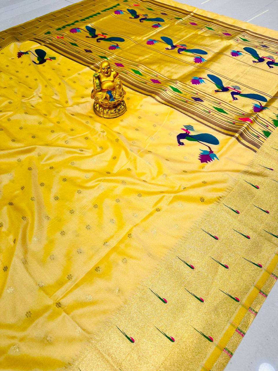 Susurrous Yellow Paithani Silk Saree With Invaluable Ideal Piece