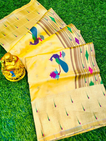 Susurrous Yellow Paithani Silk Saree With Invaluable Ideal Piece