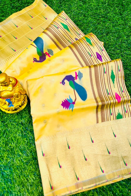 Load image into Gallery viewer, Susurrous Yellow Paithani Silk Saree With Invaluable Ideal Piece

