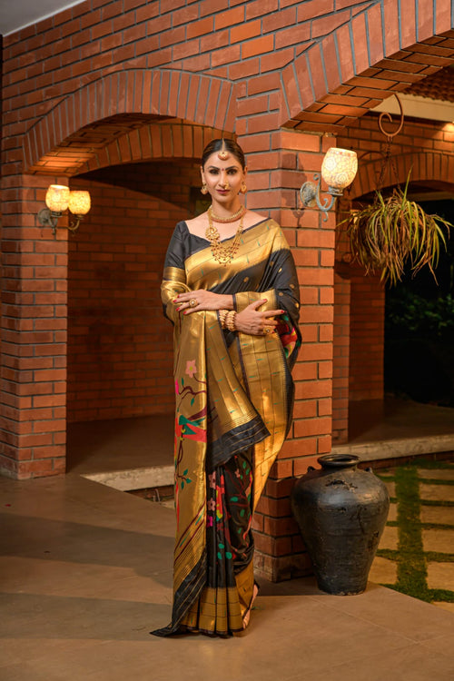 Load image into Gallery viewer, Charming Black Paithani Silk Saree With Stunner Blouse Piece
