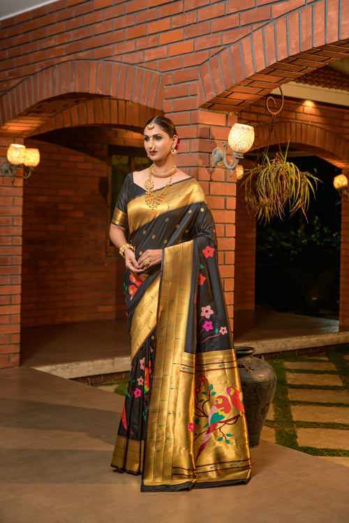 Load image into Gallery viewer, Charming Black Paithani Silk Saree With Stunner Blouse Piece
