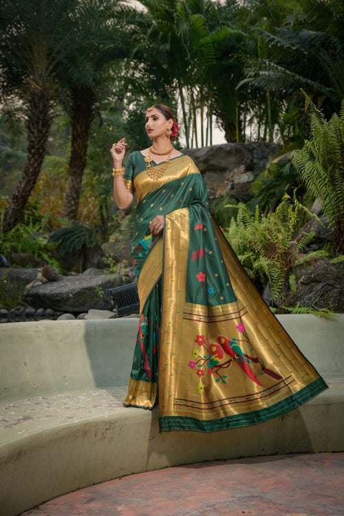 Load image into Gallery viewer, Arresting Dark Green Paithani Silk Saree With Stunner Blouse Piece
