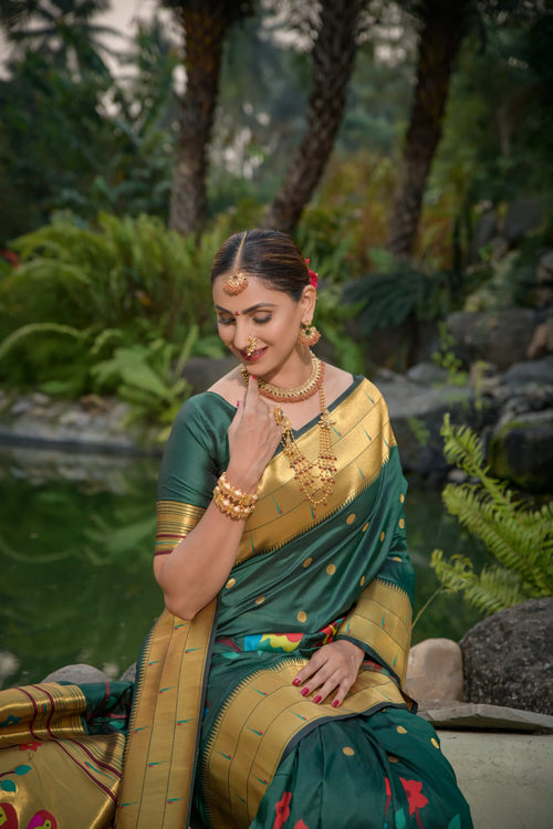 Load image into Gallery viewer, Arresting Dark Green Paithani Silk Saree With Stunner Blouse Piece
