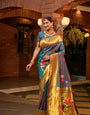 Radiant Grey Paithani Silk Saree With Stunner Blouse Piece