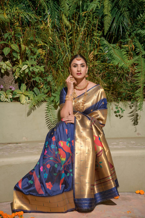 Load image into Gallery viewer, Preferable Navy Blue Paithani Silk Saree With Stunner Blouse Piece
