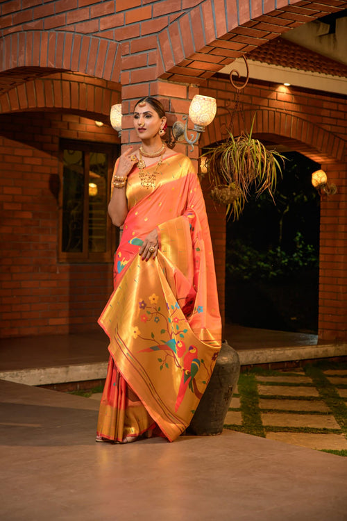 Load image into Gallery viewer, Most Stunning Peach Paithani Silk Saree With Stunner Blouse Piece
