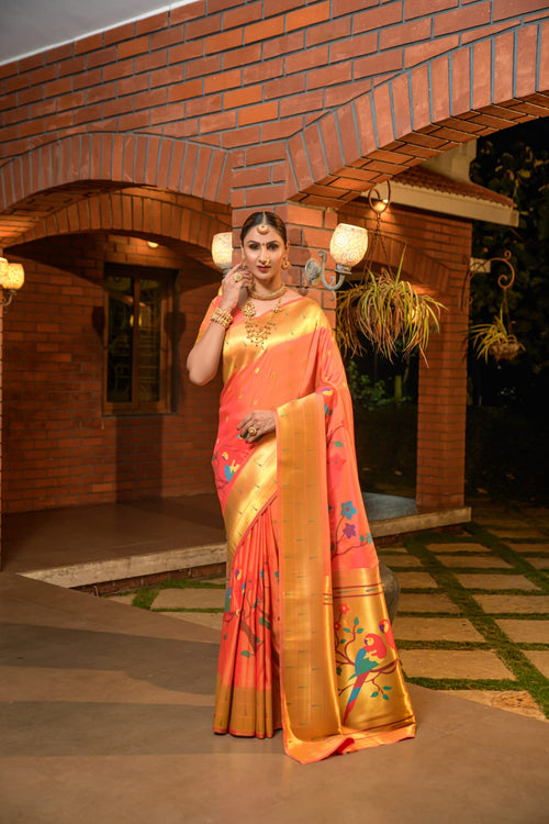 Load image into Gallery viewer, Most Stunning Peach Paithani Silk Saree With Stunner Blouse Piece
