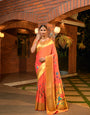 Most Stunning Peach Paithani Silk Saree With Stunner Blouse Piece