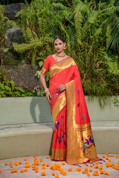 Load image into Gallery viewer, A glam Red Paithani Silk Saree With Stunner Blouse Piece
