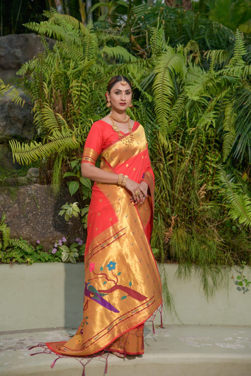 Load image into Gallery viewer, A glam Red Paithani Silk Saree With Stunner Blouse Piece
