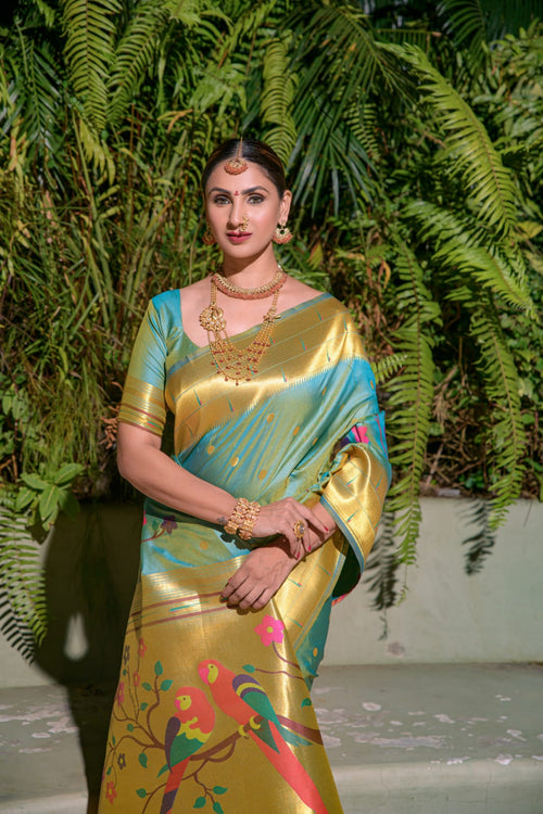 Load image into Gallery viewer, Traditional Sky Paithani Silk Saree With Stunner Blouse Piece
