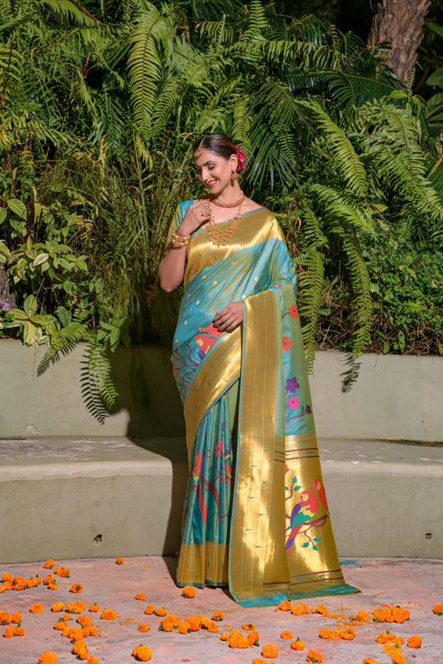 Load image into Gallery viewer, Traditional Sky Paithani Silk Saree With Stunner Blouse Piece
