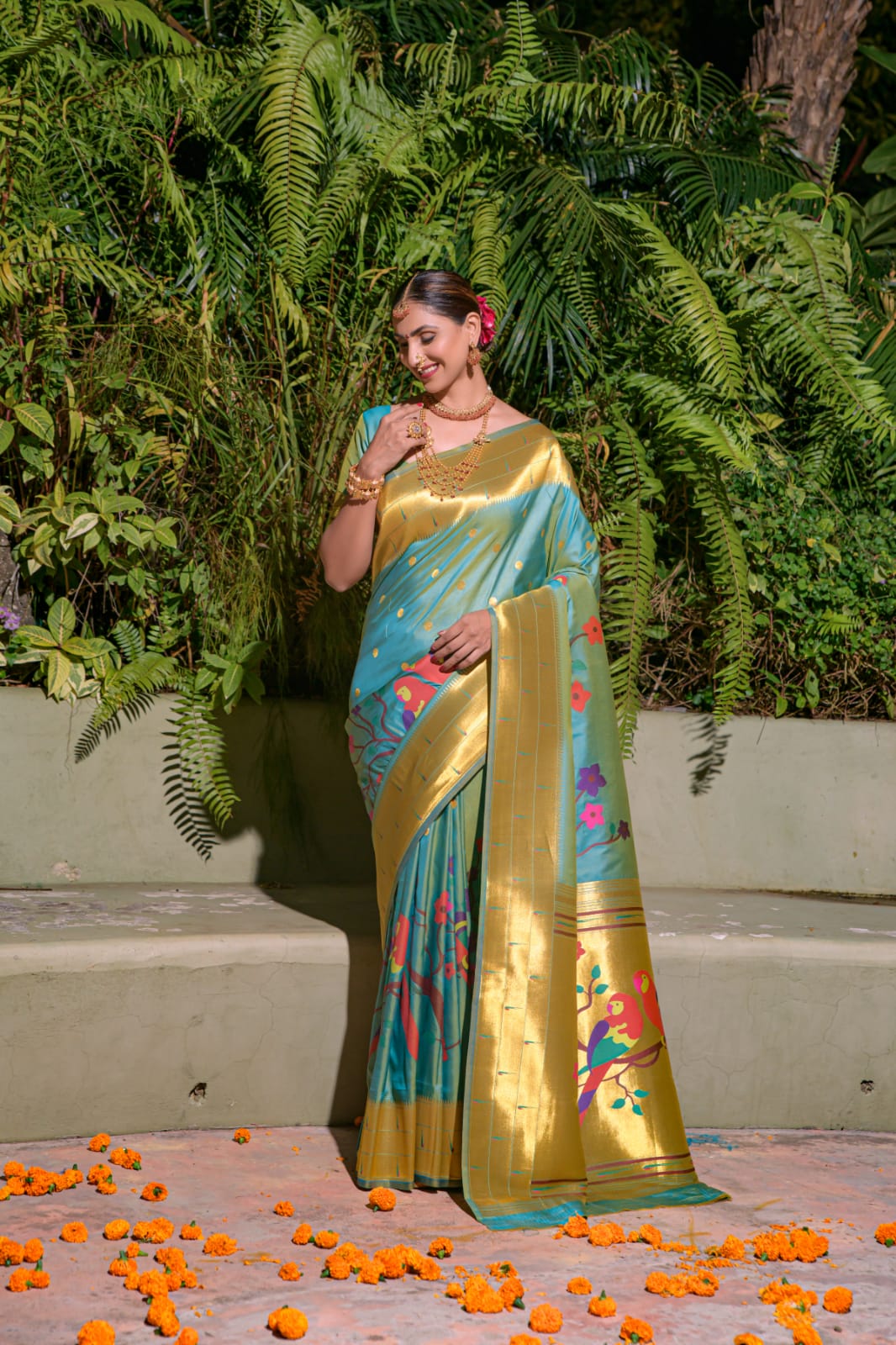 Traditional Sky Paithani Silk Saree With Stunner Blouse Piece