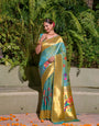 Traditional Sky Paithani Silk Saree With Stunner Blouse Piece