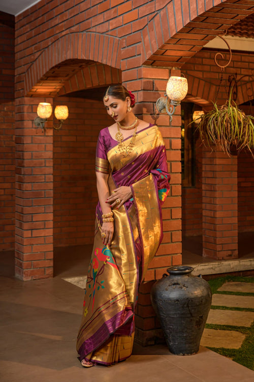 Load image into Gallery viewer, Assemblage Wine Paithani Silk Saree With Stunner Blouse Piece
