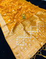 Elision Orange Organza Silk Saree With Denouement Blouse Piece