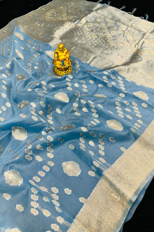 Load image into Gallery viewer, Staggering Sky Organza Silk Saree With Demesne Blouse Piece
