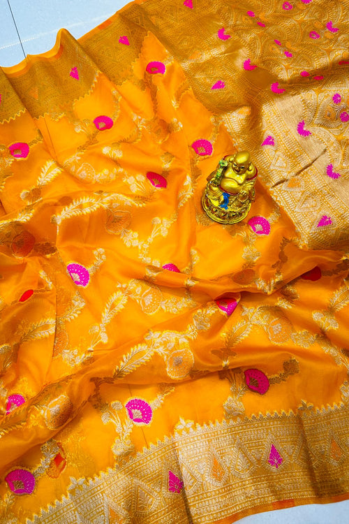 Load image into Gallery viewer, Inspiring Orange Organza Silk Saree With Ephemeral Blouse Piece
