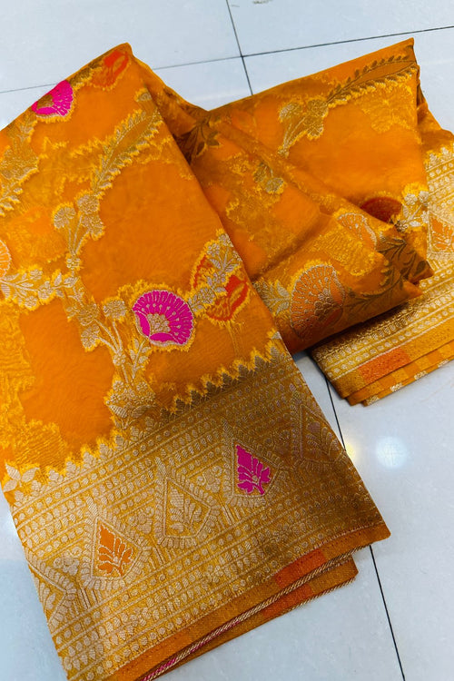 Load image into Gallery viewer, Inspiring Orange Organza Silk Saree With Ephemeral Blouse Piece
