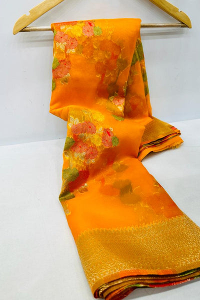 Dazzling Orange Organza Silk Saree with Adorning Blouse Piece