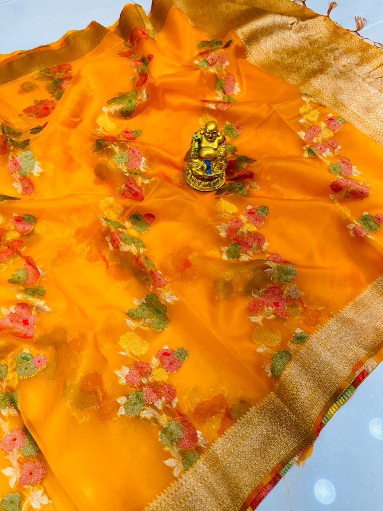 Dazzling Orange Organza Silk Saree with Adorning Blouse Piece