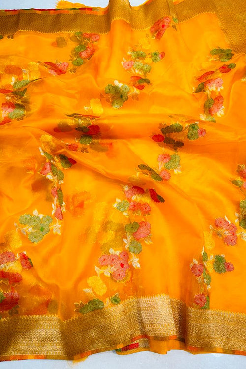 Load image into Gallery viewer, Dazzling Orange Organza Silk Saree with Adorning Blouse Piece
