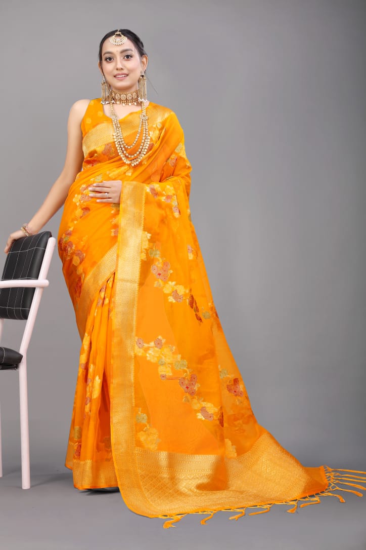 Dazzling Orange Organza Silk Saree with Adorning Blouse Piece
