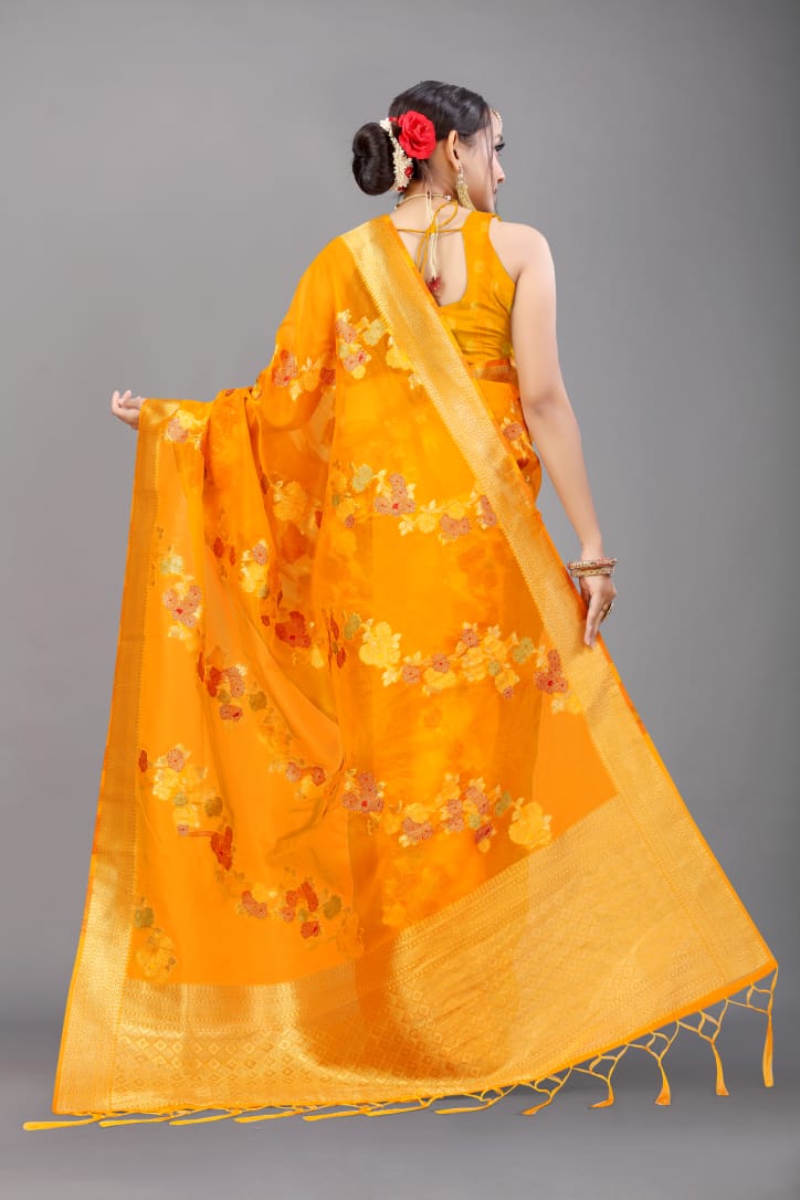 Dazzling Orange Organza Silk Saree with Adorning Blouse Piece