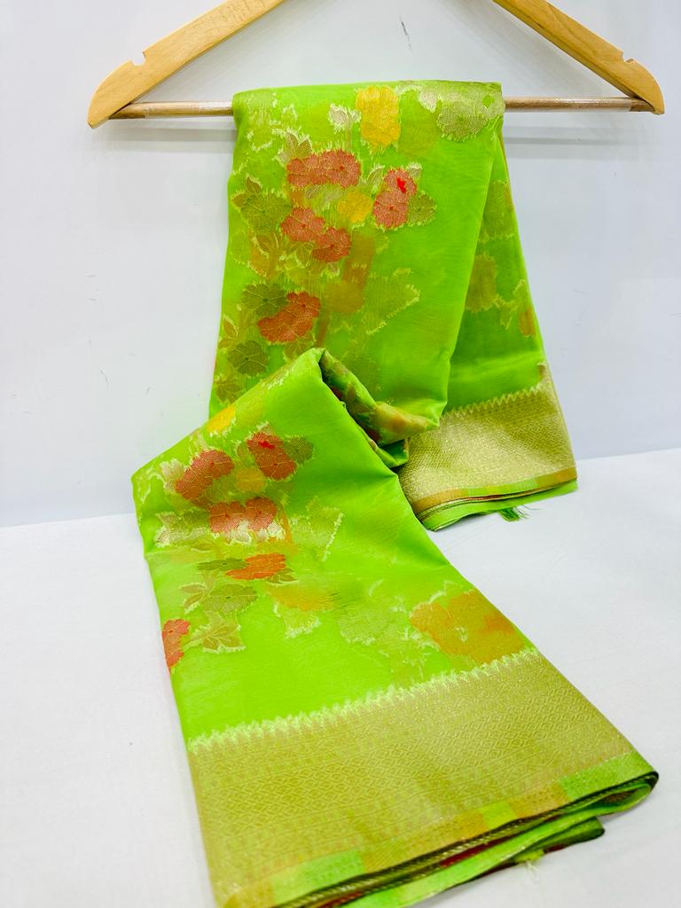 Charming Parrot Organza Silk Saree with Adorning Blouse Piece