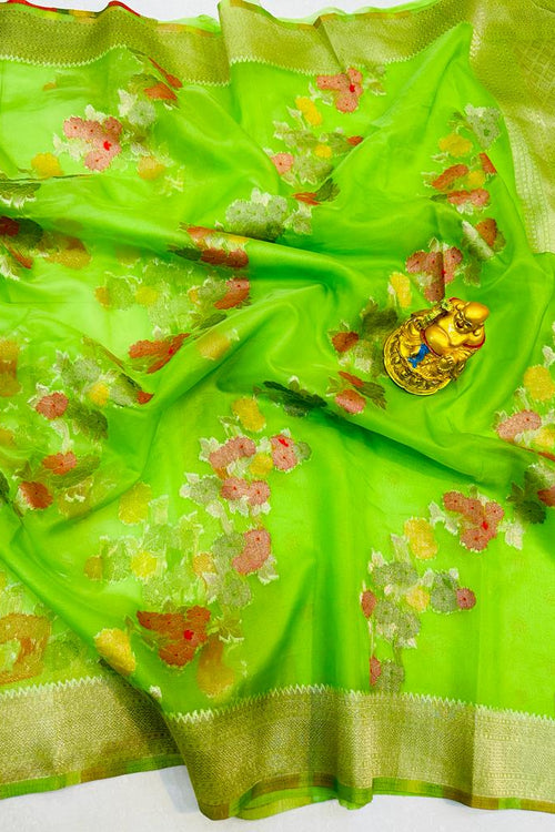 Load image into Gallery viewer, Charming Parrot Organza Silk Saree with Adorning Blouse Piece
