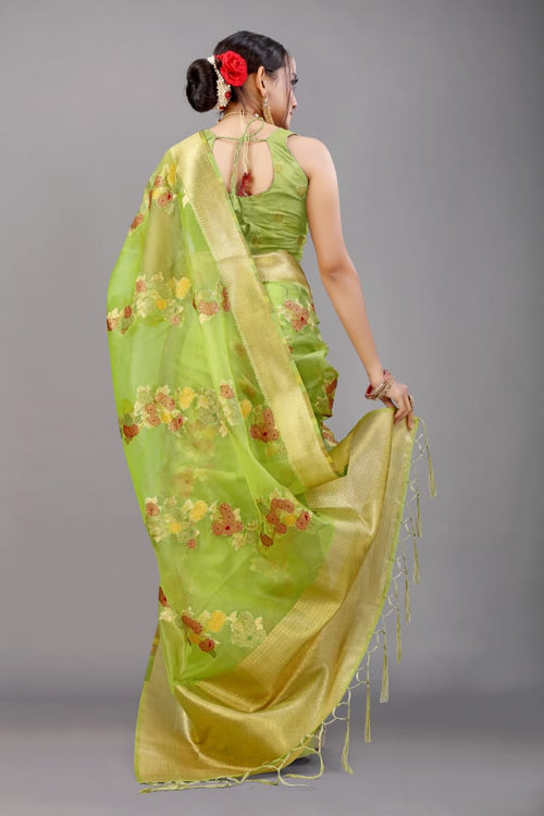 Load image into Gallery viewer, Charming Parrot Organza Silk Saree with Adorning Blouse Piece
