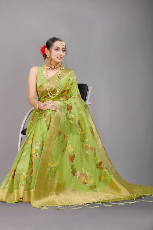 Load image into Gallery viewer, Charming Parrot Organza Silk Saree with Adorning Blouse Piece
