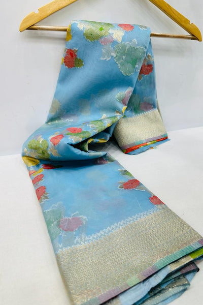 Appealing Sky Organza Silk Saree with Adorning Blouse Piece
