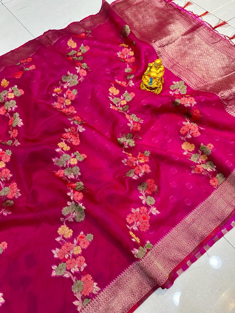 Breathtaking Wine Organza Silk Saree with Adorning Blouse Piece