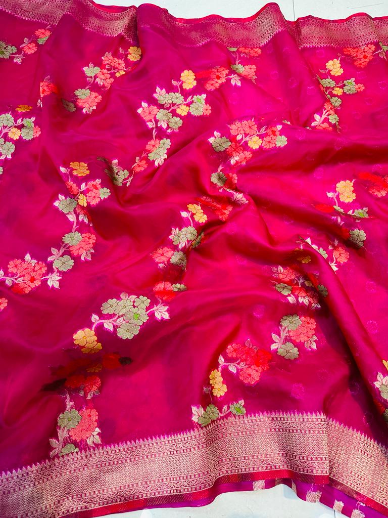 Breathtaking Wine Organza Silk Saree with Adorning Blouse Piece