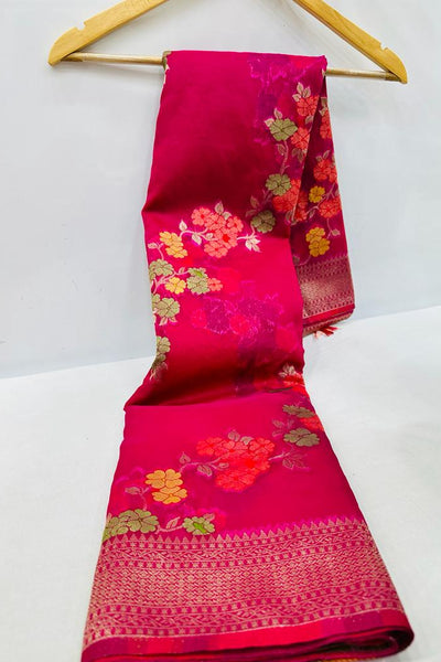 Breathtaking Wine Organza Silk Saree with Adorning Blouse Piece