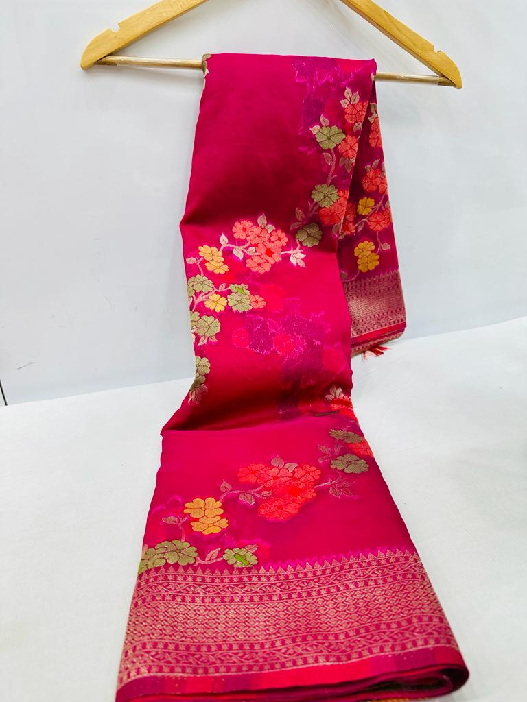 Breathtaking Wine Organza Silk Saree with Adorning Blouse Piece