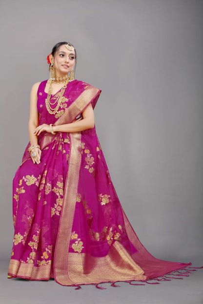 Breathtaking Wine Organza Silk Saree with Adorning Blouse Piece