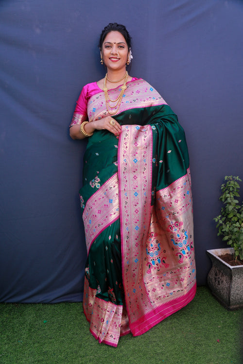 Load image into Gallery viewer, Deserving Dark Green Paithani Silk Saree With Classy Blouse Piece
