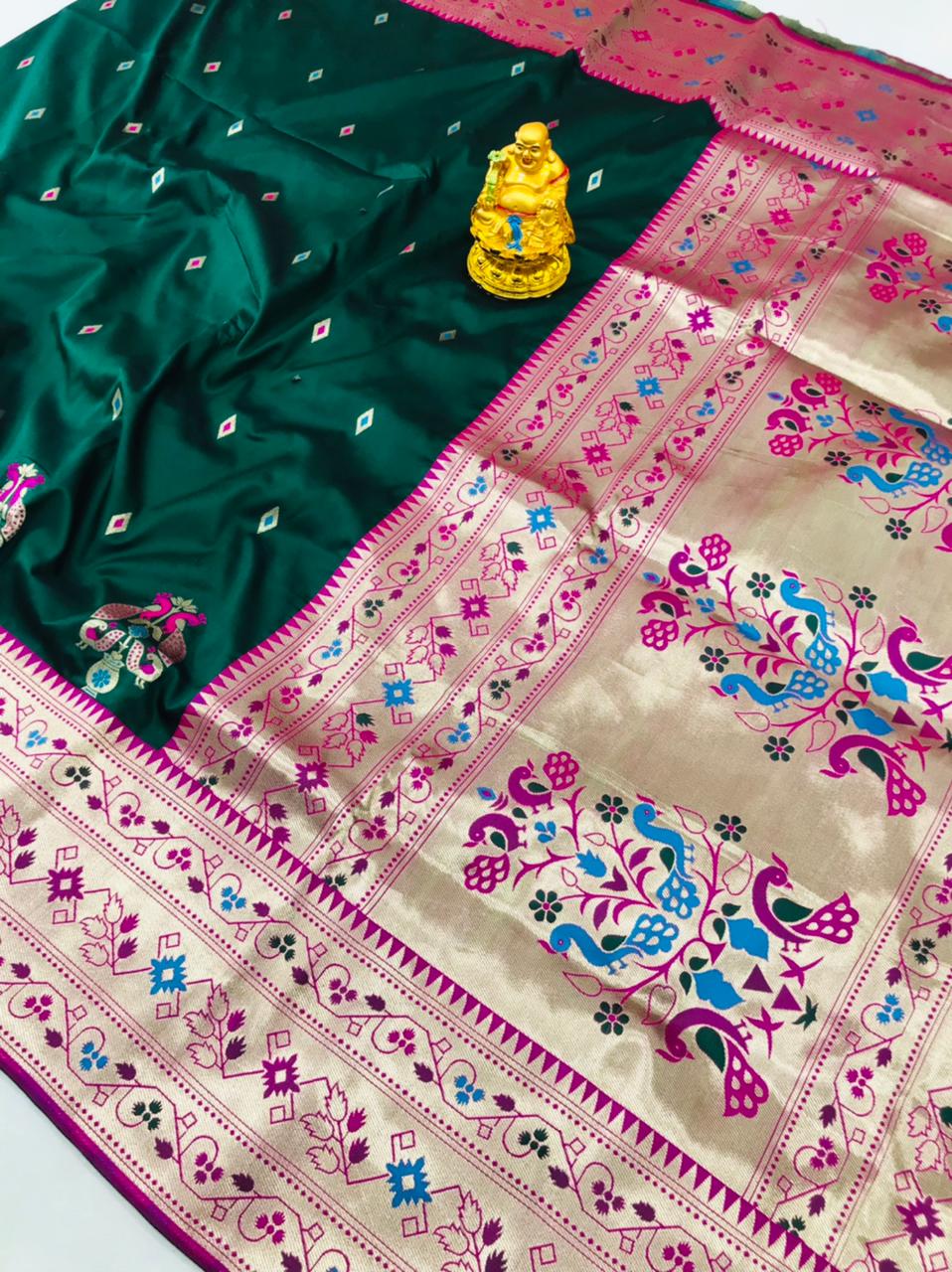Deserving Dark Green Paithani Silk Saree With Classy Blouse Piece