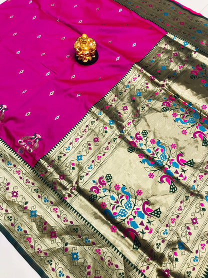 Glowing Dark Pink Paithani Silk Saree With Classy Blouse Piece