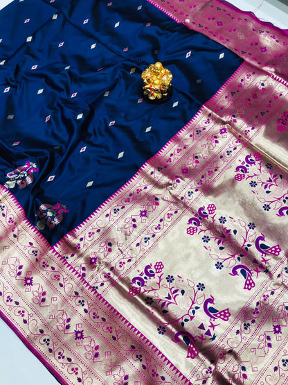 Eye-catching Navy Blue Paithani Silk Saree With Classy Blouse Piece