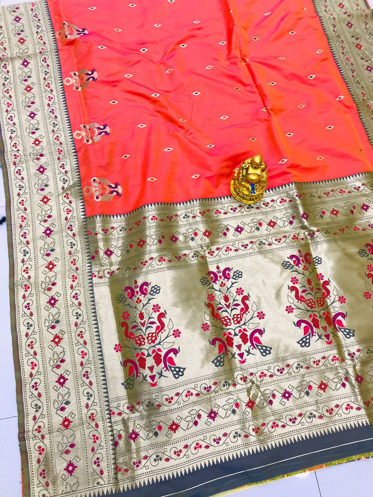 Girlish Peach Paithani Silk Saree With Classy Blouse Piece