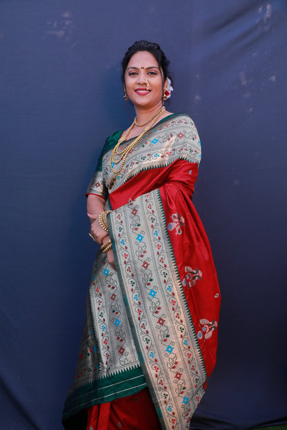 Intricate Red Paithani Silk Saree With Classy Blouse Piece