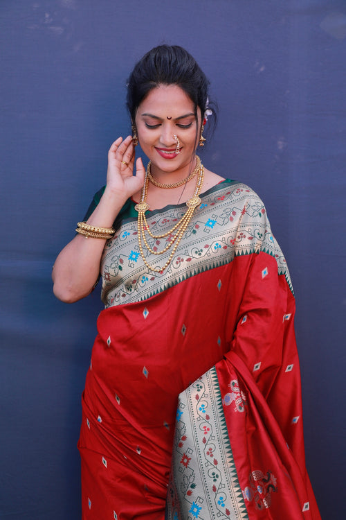 Load image into Gallery viewer, Intricate Red Paithani Silk Saree With Classy Blouse Piece
